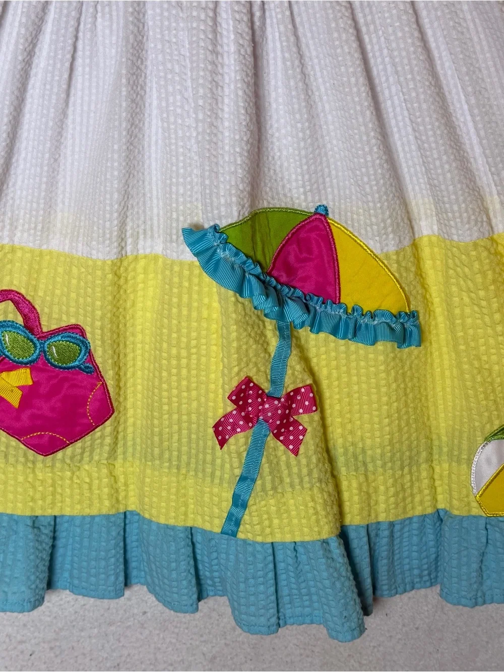 Emily Rose Girls Size S (5) Seersucker Summer Dress Beach Umbrella Applique